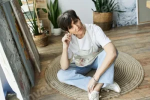 Mature woman in her art studio creating masterpieces on a sunlit afternoon