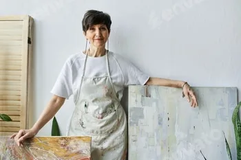 Mature woman creating art in her studio surrounded by vibrant canvases