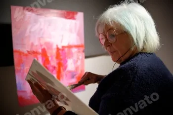 Older woman artist painting an abstract artwork 52 Older woman artist painting an abstract artwork