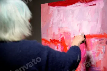 Older woman unrecognizable artist painting an abstract artwork 7 Older woman unrecognizable artist painting an abstract artwork
