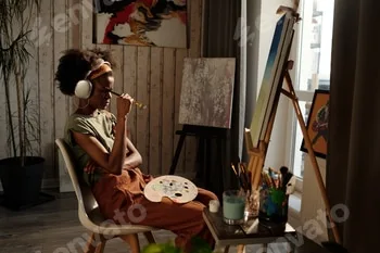 Young Artist Enjoying Creating Artwork in Studio