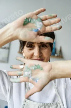 A mature artist joyfully showcases her colorful hands in a bright art studio