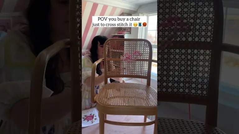 I thrifted this $15 rattan chair & knew immediately I wanted to cross stitch the back! #thriftflip 2 I thrifted this $15 rattan chair & knew immediately I wanted to cross stitch the back! #thriftflip