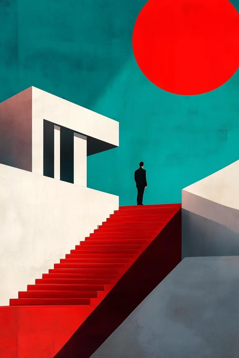 Moderne minimalistische Leinwand mit auffälliger roter Treppe und türkisfarbenem Hintergrund, inspiriert von der Bauhaus-Wandkunst 3 d87becc51b38fb042bb278a18c679967